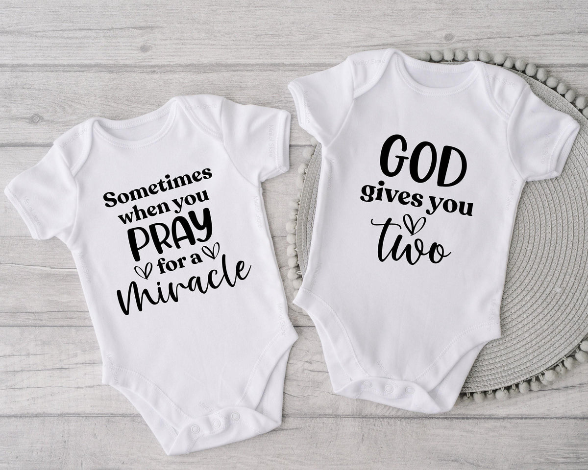 Miracle twins matching baby bodysuits with faith-inspired God gives you two quote — product image 5