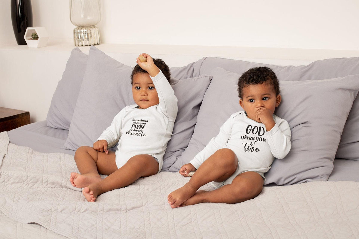 Miracle twins matching baby bodysuits with faith-inspired God gives you two quote — product image 6