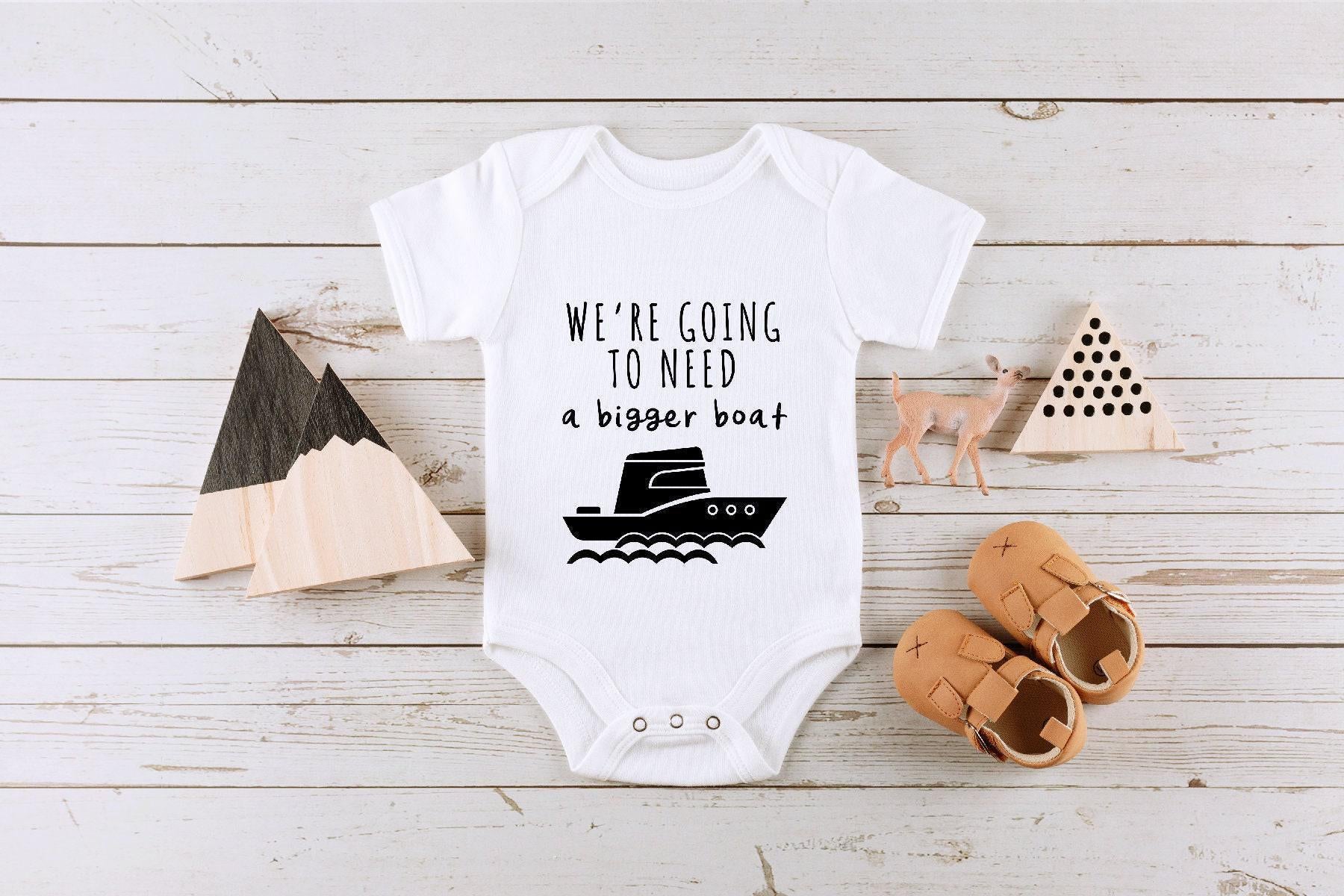 Close-up of the We're Going to Need a Bigger Boat baby announcement design