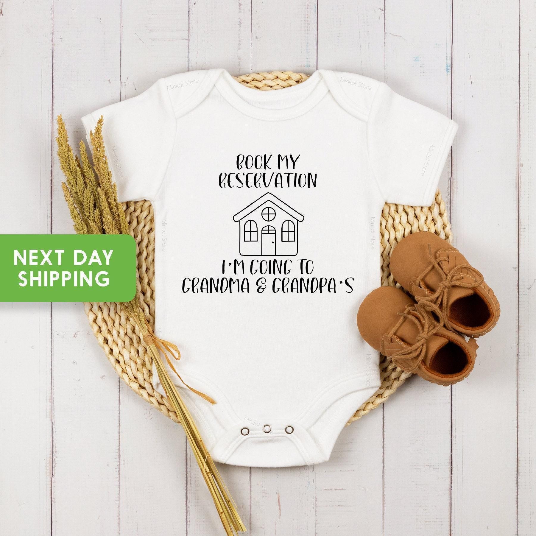 Main pregnancy announcement product mockup for Book My Reservation Grandparent Pregnancy Reveal Baby Announcement Onesie®