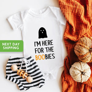 Main product mockup of Here for the Boo-bies Halloween Baby Onesie®