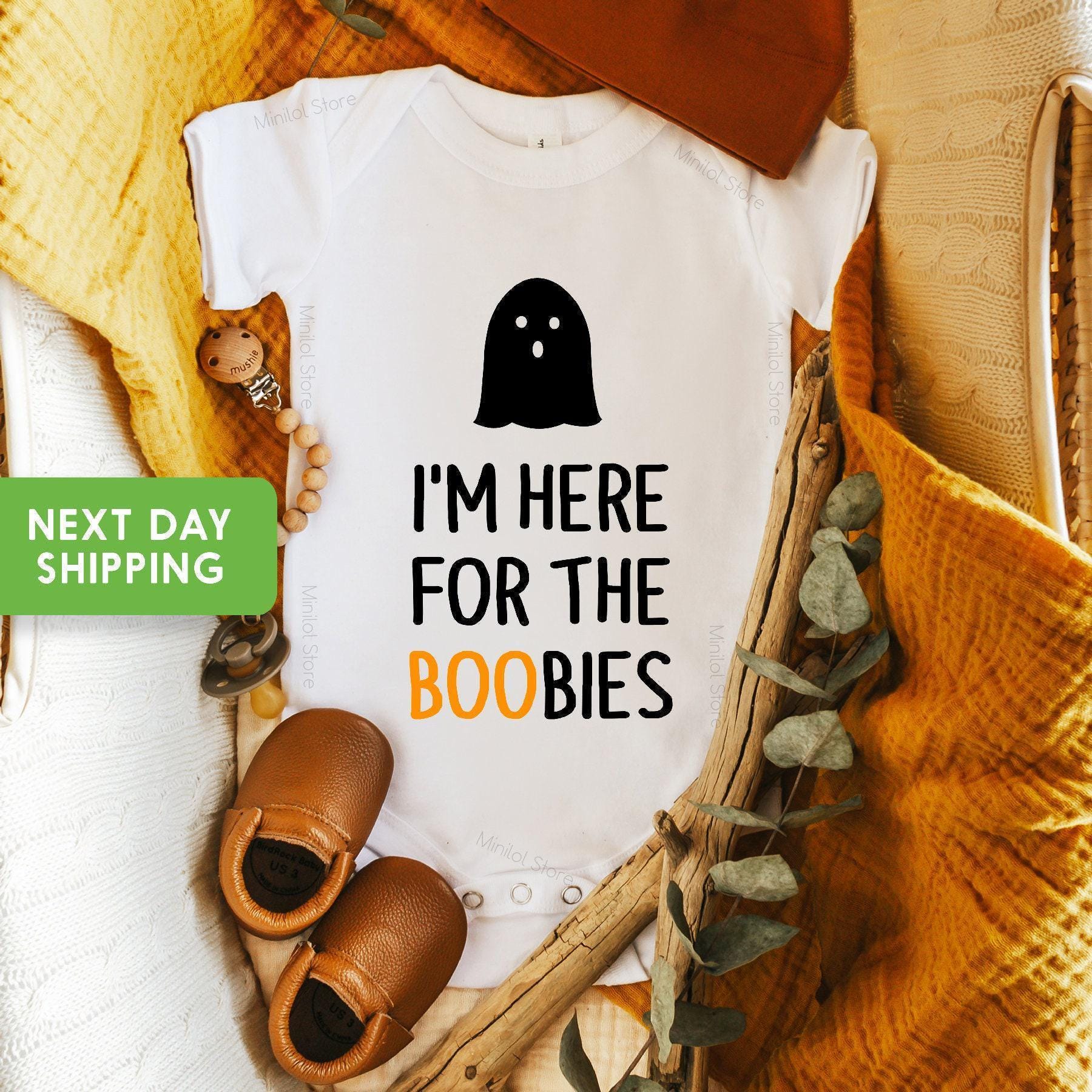 Close-up of the Here for the Boo-bies Halloween apparel design