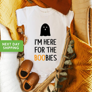 Close-up of the Here for the Boo-bies Halloween apparel design