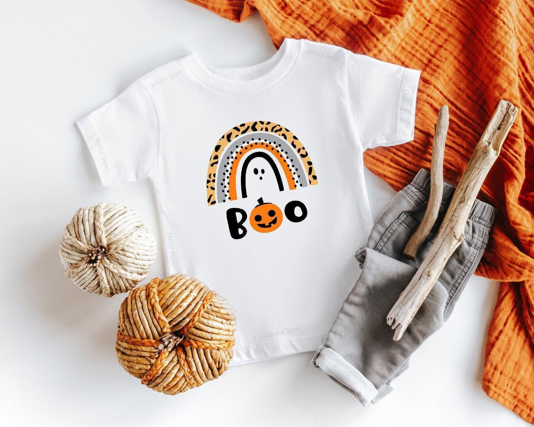 Close-up of the Boo Rainbow Halloween apparel design