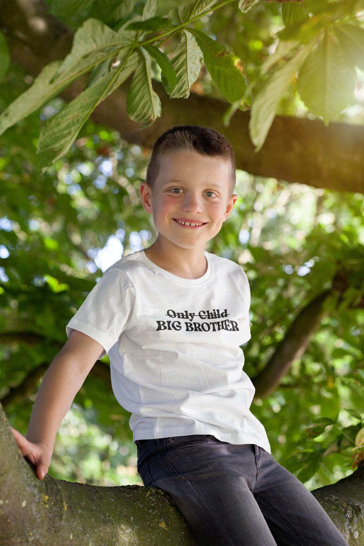 Only Child Promoted to Big Brother typographic design on Baby Short Sleeve Onesie®