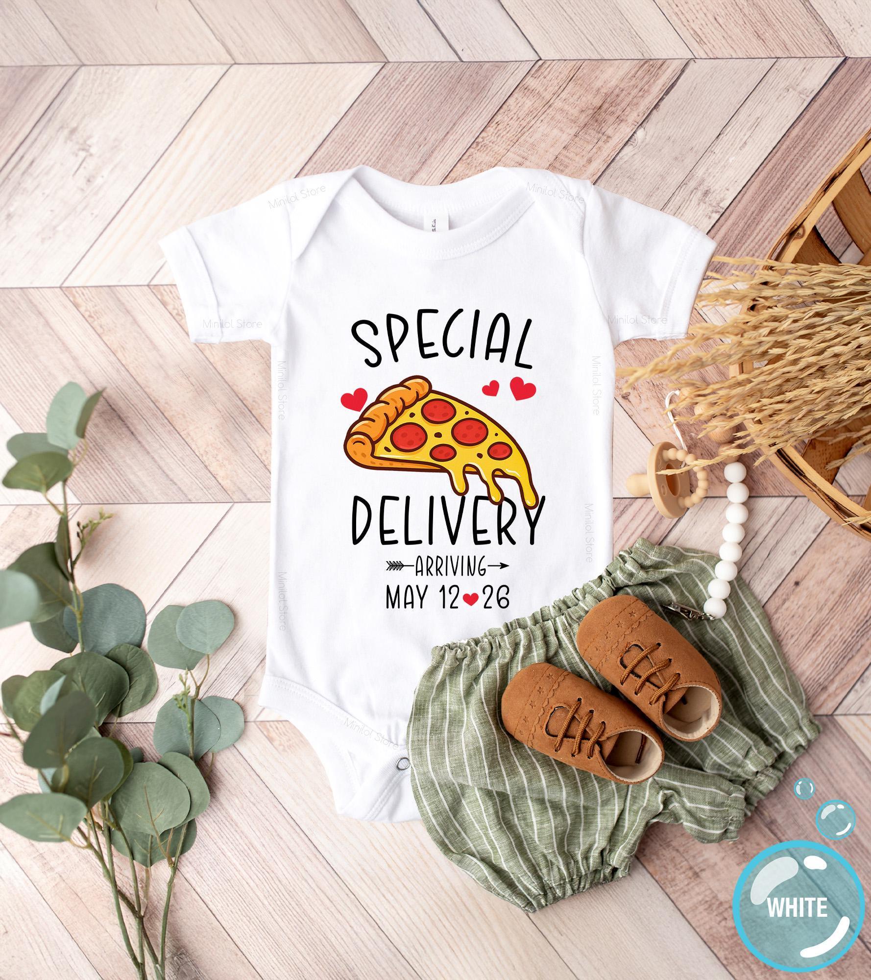 Close-up of the Special Delivery Pizza baby announcement design