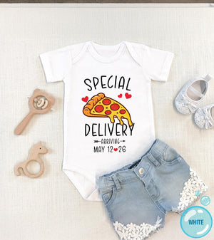 Personalized Special Delivery Pizza Announcement typographic design on Baby Short Sleeve Onesie®