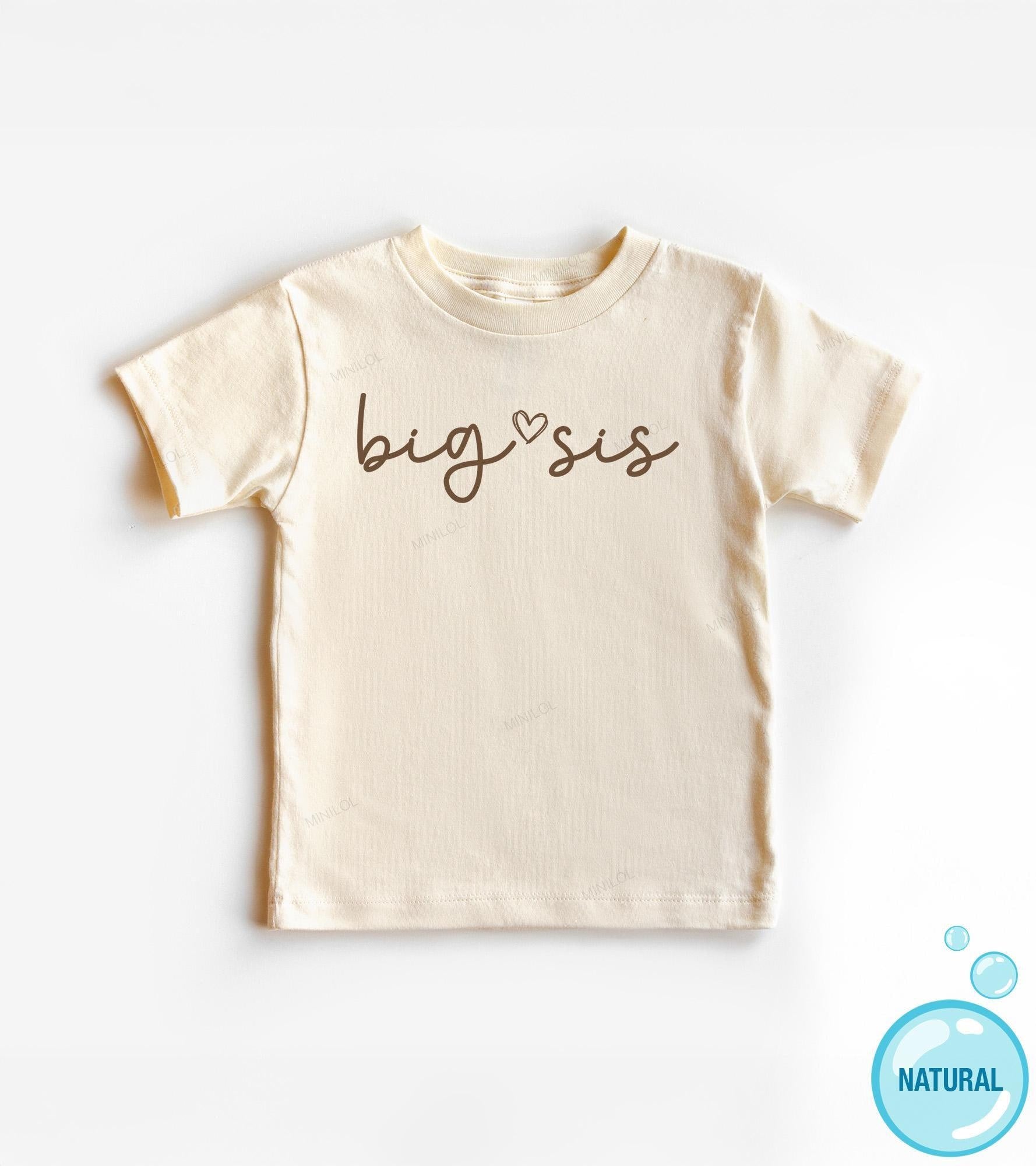Close-up of the Big and Little Sis Matching Shirts: Sibling Pregnancy Announcement Gift baby announcement design