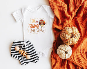 Main product mockup of I'll Bring the Rolls Thanksgiving Baby Onesie® – Style 2