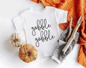 Close-up of the Gobble Gobble Thanksgiving apparel design